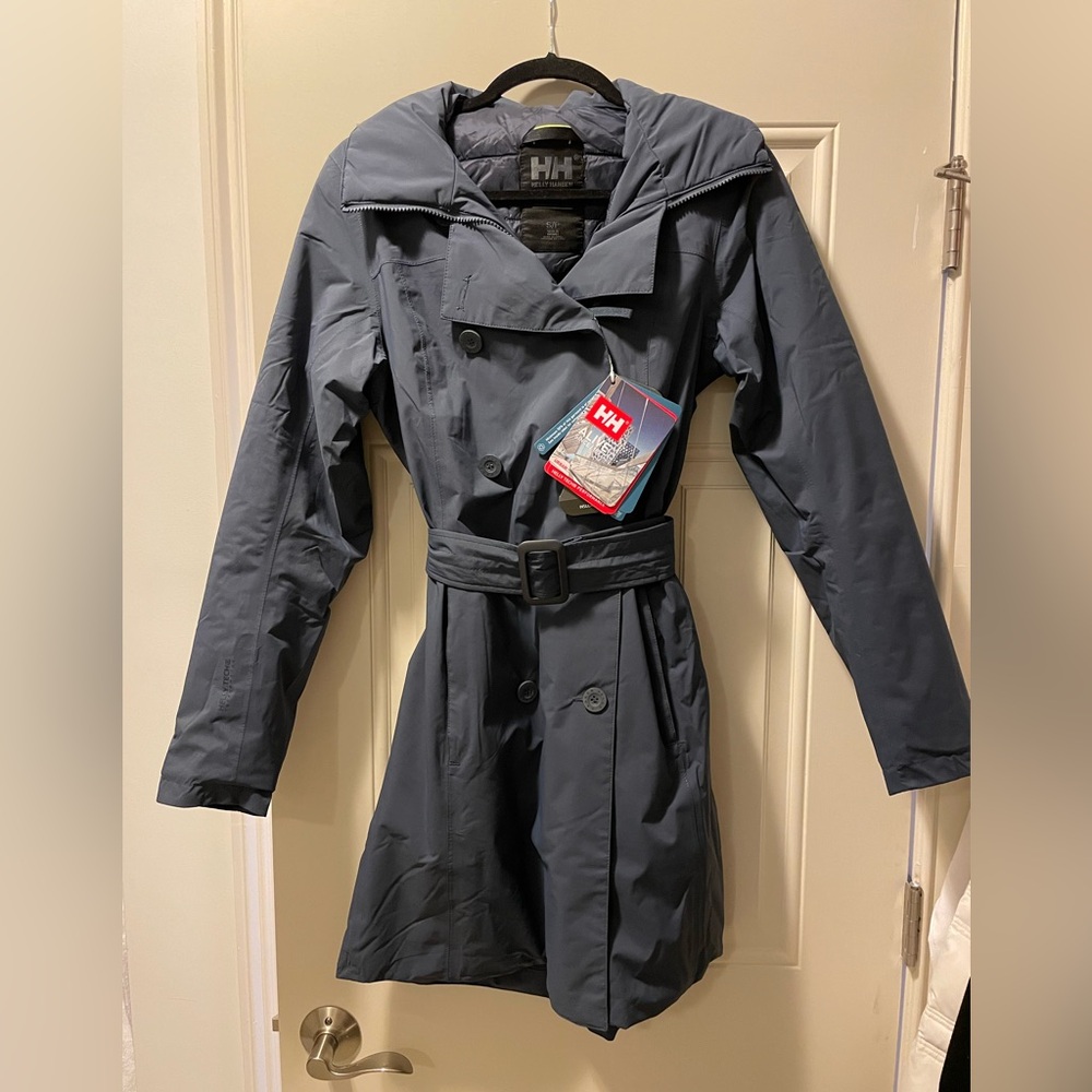 NWT Helly Hansen Insulated Belted Trench Coat w/Hidden Hood in Alpine Frost Blue